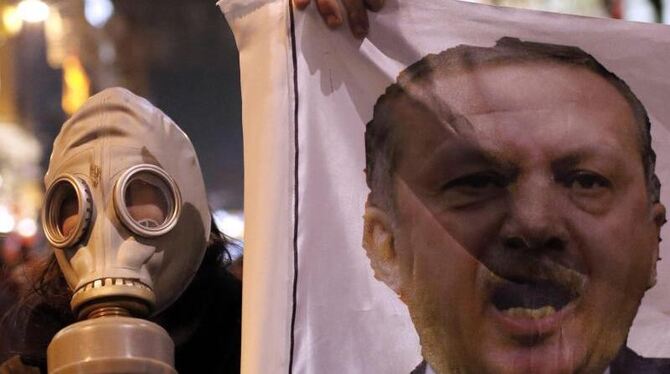 Ein Demonstrant mit Gasmaske und einem Bild von Regierungschef Erdogan. Foto: Sedat Suna