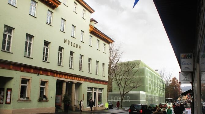 Simuliert, wie es aussehen könnte, wenn neben dem Museum in Tübingen ein Konzertsaal gebaut wird.  FOTOMONTAGE: STADT TÜBINGEN