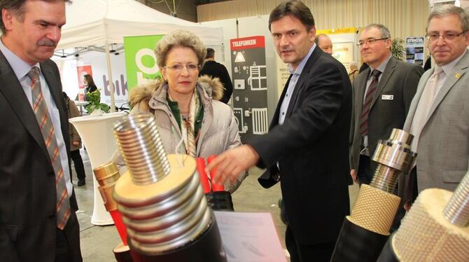 Die Fair-Energie-Geschäftsführer Heiko Suter (links) und Klaus Saiger mit Barbara Bosch vor einem Modell mit Fernwärmeleitungen.