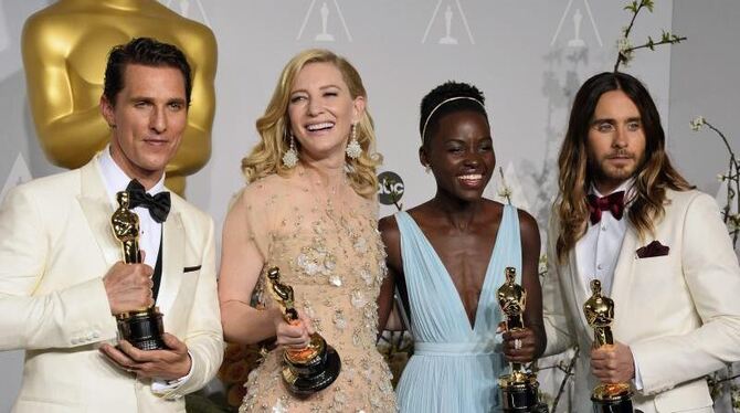Vier Oscar-Preisträger: Matthew McConaughey (l-r), Cate Blanchett, Lupita Nyong'o und Jared Leto. Foto: Paul Buck