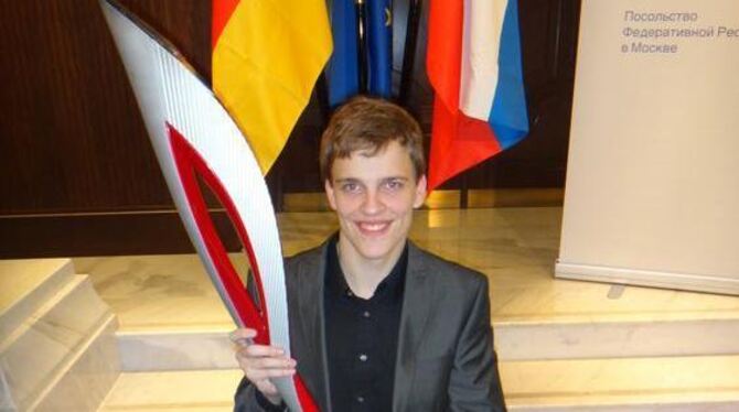 Jonas Wengert bei einem Empfang in Moskau. Der Reutlinger Student wird von den morgen beginnenden Paralympics in Sotschi bericht