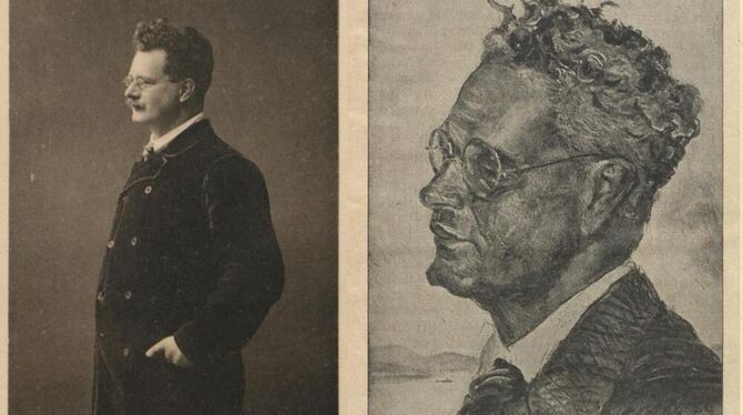 In  Holz  geschnitten, gemalt und fotografiert: Im Lauf seines Lebens entstanden zahlreiche Ludwig Finckh-Porträts. Montage aus