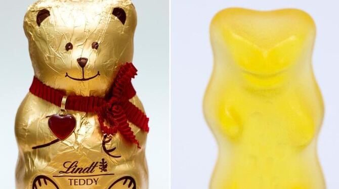 Ein Haribo-Gummibär »Goldbär« (r.) und ein Schokoladenbär »Teddy« der Firma Lindt. Foto: Rolf Vennenbernd