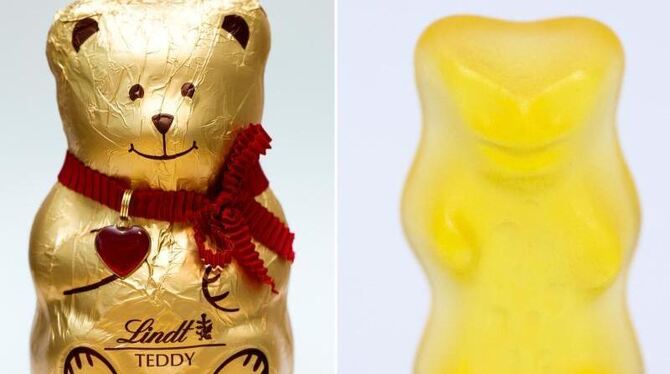 Ein Haribo-Gummibär »Goldbär« (r.) und ein Schokoladenbär »Teddy« der Firma Lindt. Foto: Rolf Vennenbernd Ein Haribo-Gummibär »Goldbär« (r.) und ein Schokoladenbär »Teddy« der Firma Lindt. Foto: Rolf Vennenbernd