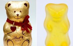 Ein Haribo-Gummibär «Goldbär» (r.) und ein Schokoladenbär «Teddy» der Firma Lindt. Foto: Rolf Vennenbernd
