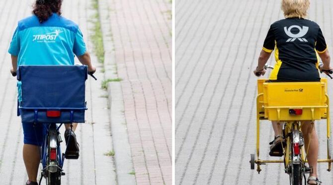 Die Bildkombo zeigt jeweils in der gleichen Straße die Mitarbeiterin eines privaten Postzustellers und der Deutschen Post bei Die Bildkombo zeigt jeweils in der gleichen Straße die Mitarbeiterin eines privaten Postzustellers und der Deutschen Post bei