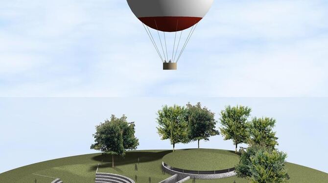 Forum, Hüle, Panoramahalle am Boden und der Ballon mit Besuchern in der Luft darüber: Erlebnisfeld Heidengraben. ILLUSTRATION: P