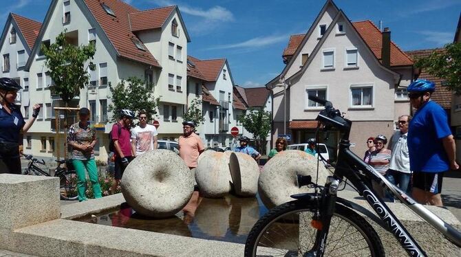 Kunstwege-Fahrradtour: Auch der Äpfeles-Brunnen in Neuhausen war Ziel der rund 25 Radler. FOTO: ALINA VEIT