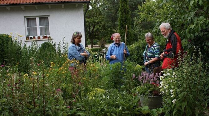 Brigitte Rückle (Zweite von links) mit Besuchern beim Rundgang durch ihren Garten. FOTO: STRÖHLE