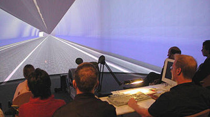 Wie sich der Mensch im Tunnel verhält: Besucher bei einer Simulation im Max-Planck-Institut.  FOTO: MSC