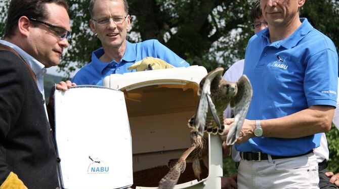 Alexander Bonde (links), Landesminister für Ländlichen Raum und Verbraucherschutz, besucht das Nabu-Vogelschutzzentrum in Mössin