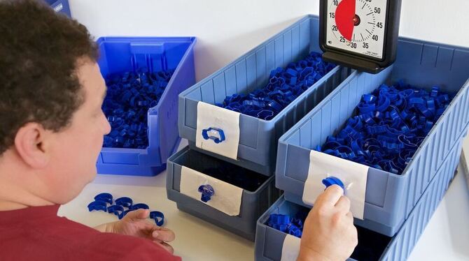 Viktor arbeitet nach dem Teacch-Konzept: überschaubar und strukturiert von links nach rechts, in portionierten Arbeitsabschnitte