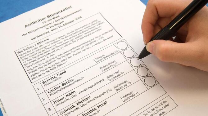 Der Stimmzettel zur Pfullinger Bürgermeisterwahl: Am 19. Oktober können die Wähler ihr Kreuz hinter jeden der fünf Namen machen