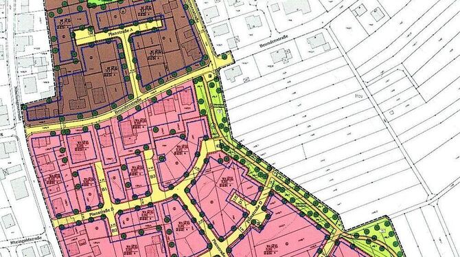 Der farbige Bereich zeigt das künftige Baugebiet »Hau I«, das im Westen von der Nibelungenstraße, im Norden von der Hohenstaufen