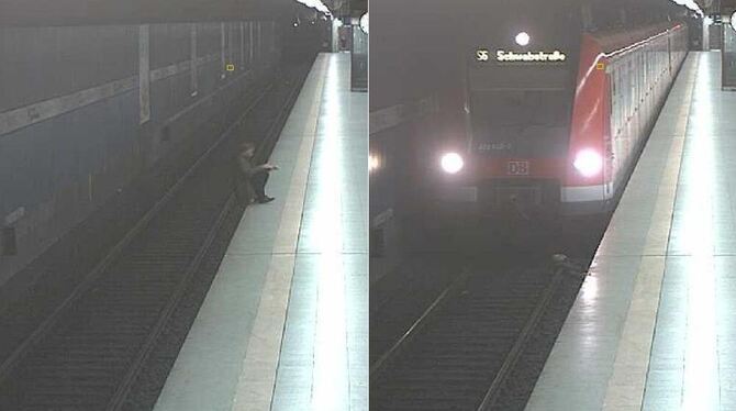 Bilder der Überwachungskamera zeigen, wie der Mann aufs Gleis fällt, kurz bevor die Bahn einfährt.