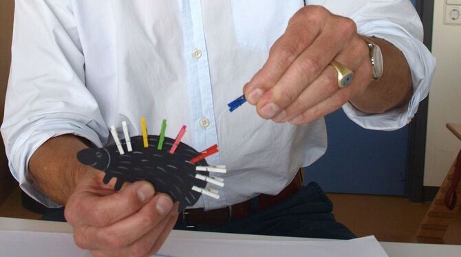 Hans-Peter Färber erklärt den Test mit dem Papp-Igel.  FOTO: VEY