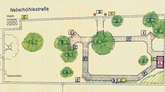 Der Plan zeigt die Wegführung im Friedhof Oberhausen. An den mit E markierten Stellen werden Sitzbänke installiert.  FOTO: GEA-R