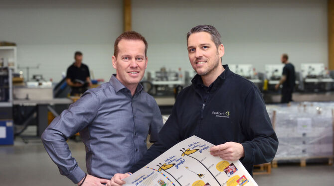 Geschäftsführer Bernd Seifried (links) und Produktionsleiter Patrick Lauer von der Druckerei Sautter in Reutlingen-Betzingen. FO