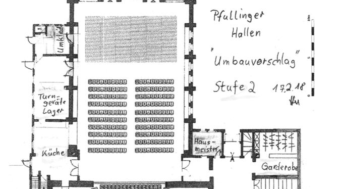 Eine handgefertigte Skizze verdeutlicht den Vorschlag des Liederkranzes für die Sanierung der Pfullinger Hallen. In der Ausbaust