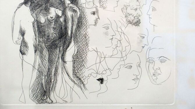 Blatt aus dem Radierzyklus »Le chef d'oeuvre inconnu – Das unbekannte Meisterwerk« von Pablo Picasso in der Kreissparkasse Tübin