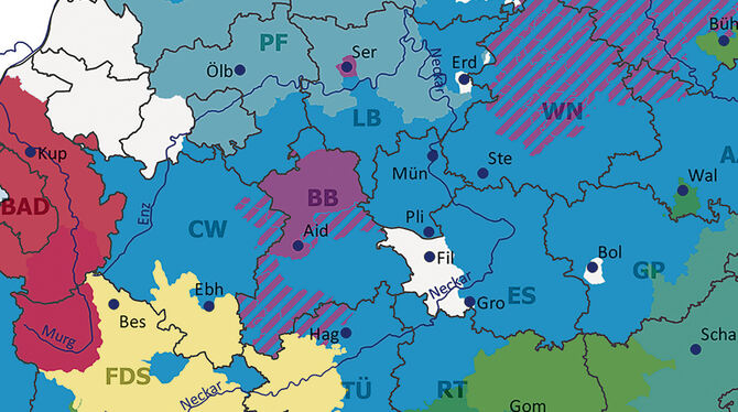 Bunte Vielfalt bei den Dialekt-Begriffen für Löwenzahn: Im dunkelgrünen Gebiet dominiert der Milchling, blau ist das "Bettseiche