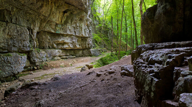 Blick nach draußen aus dem imposanten Eingangsportal der Falkensteiner Höhle. Der Zutritt zu einer der bekanntesten Höhlen der S