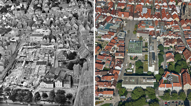 Die Bürotrakte  und der bereits sanierte  Ratspavillon  (oben links) aus der Vogelperspektive: Das Reutlinger  Rathausensemble