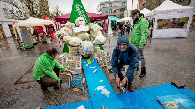 Anschaulich: Am Greenpeace-Stand erinnerten Aktivisten daran, dass Ermstal-Müll auf dem Wasserweg auf Weltreise geht, wenn er ni