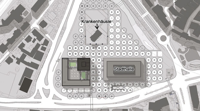 Besser als die Computeranimation zeigt der Lageplan, dass zum Hotelkomplex außer dem Turm (dunkles Quadrat) auch ein Winkelbau z
