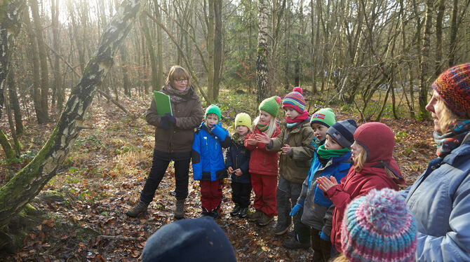 Kinder spielen und lernen mit ihren Erzieherinnen im Wald. Immer mehr städte und Kommunen in Baden-Württemberg schaffen waldkind