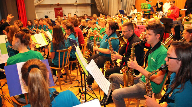 Beim Konzert »Spätzle trifft Wattwurm« musizierten gleich mehrere Orchester und Ensembles auf der Bühne der HAP-Grieshaber-Halle