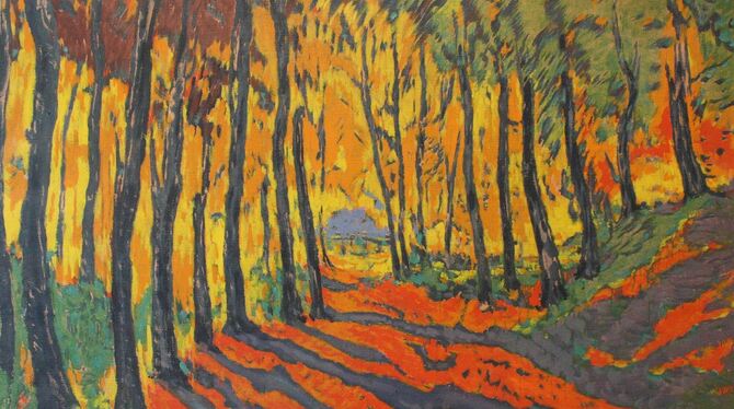 Fritz Sprandel: »Herbstwald«  (Öl auf Rupfen, um 1960). Das Gemälde im Besitz der Stadt Metzingen  ist als Leihgabe im Albmaler-