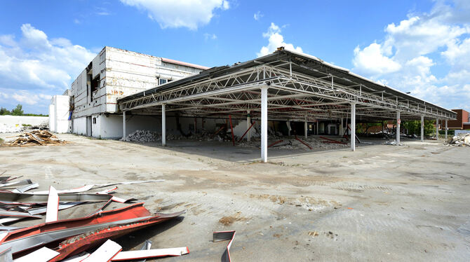 Nur noch ein Gerippe: Bis Mitte Juni soll der ehemalige Real-Supermarkt komplett abgerissen sein. FOTO: PIETH