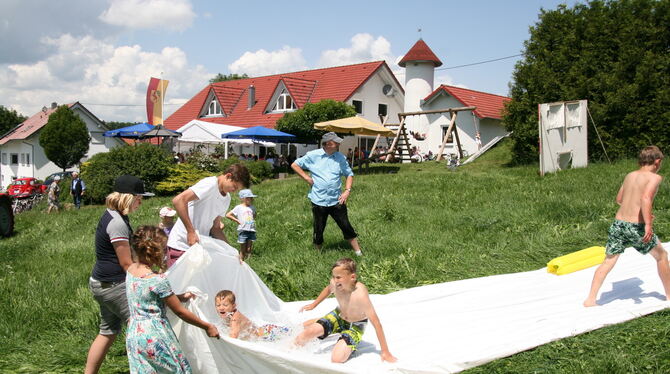 Viel Spaß hatten beim Mörsinger Dorffest die Kinder auf der Wasserrutsche. FOTO: THUMM