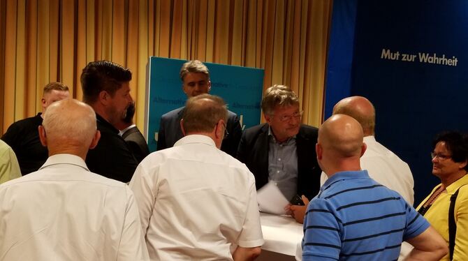 Interessierte sprechen am Ende der Veranstaltung mit dem AfD-Bundesvorsitzenden Jörg Meuthen (Mitte).  FOTO: JR