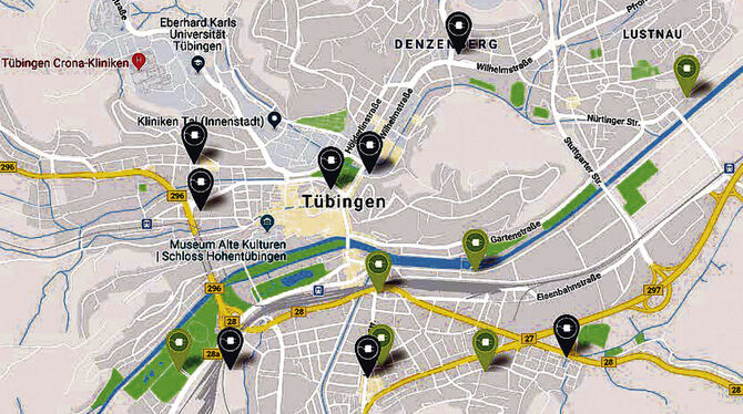 Tübingen erhält ein dichtes Netz von E-Tankstellen: grün markiert die vorhandenen Standorte, dunkel die, die bis Ende 2019 noch