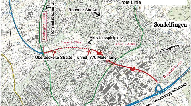 Die rote Linie markiert die Südumfahrung. Sie reicht vom Nordportal bis zur Rommelsbacher Straße.  GRAFIK: RP/BEARBEITUNG: BETZ