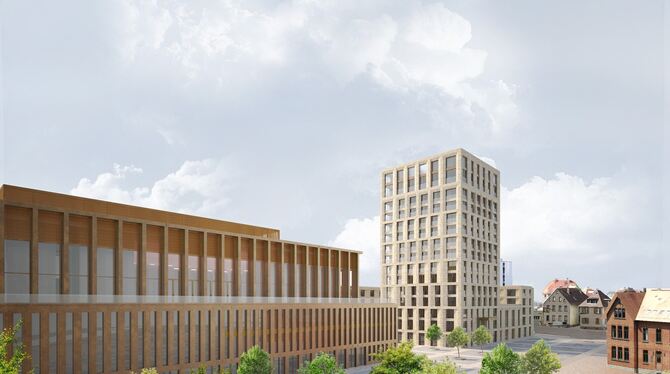 Noch ein Turm im Reutlinger Stadtbild: So soll das künftige Stadthallen-Hotel aussehen, wenn man sich ihm (als Vogel oder Drohne