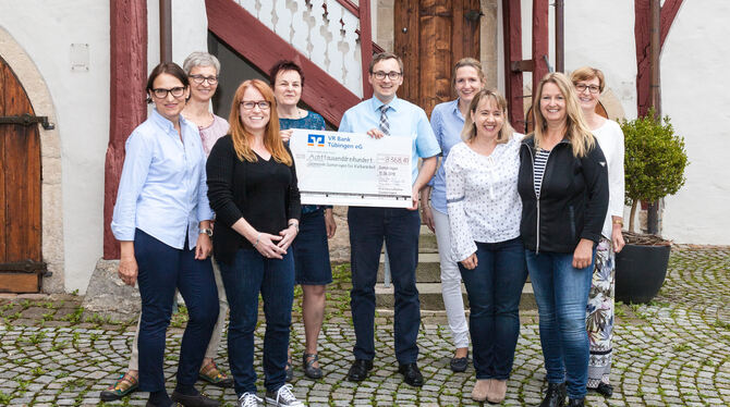 Der Scheck über 8 368,41 Euro wurde im Schlosshof übergeben: (von links) Gabi Förder, Marina Hanisch, Karin Föll, Petra Rupp-Wie