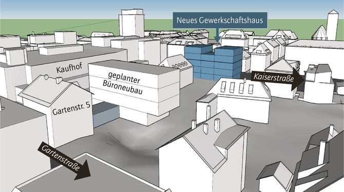 Vorhaben in der Oststadt: Das Gewerkschaftshaus in der Kaiserstraße, der Büroneubau hinterm Kaufhof. GRAFIK: STADT/GESTALTUNG: Vorhaben in der Oststadt: Das Gewerkschaftshaus in der Kaiserstraße, der Büroneubau hinterm Kaufhof. GRAFIK: STADT/GESTALTUNG: