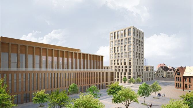 Ein Hotel-Turm, der die Stadthalle überragt – der neue Entwurf von Max Dudler, Berlin, missfällt der WiR-Fraktion. GRAFIKEN: BÜR