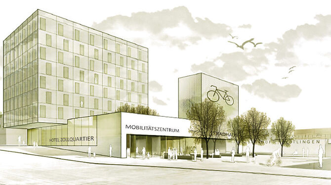 Neues Hotel in der Burkhardt+Weber-Straße mit »Mobilitätszentrum«. Rechts der Bahnhof, dazwischen die Gleisanlagen.  GRAFIK: REP
