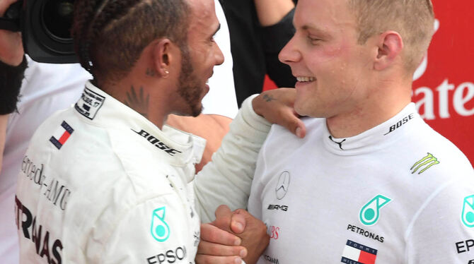 Alles richtig gemacht: Hockenheim-Sieger Lewis Hamilton (links) und sein Teamkollege Valtteri Bottas, der sich mit Rang zwei für