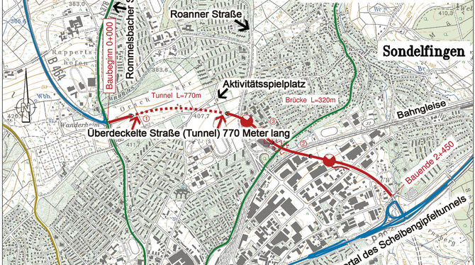 Die rote Linie markiert die Trassenführung laut Bundesverkehrswegeplan.  GRAFIK: RP/BEARBEITUNG: BEZ