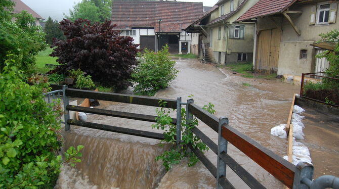 Überschwemmung in Glems im Juni 2013. Inzwischen hat die Stadt Engstellen am Glemsbach ausbaggern lassen.  ARCHIVFOTO: PFISTERER