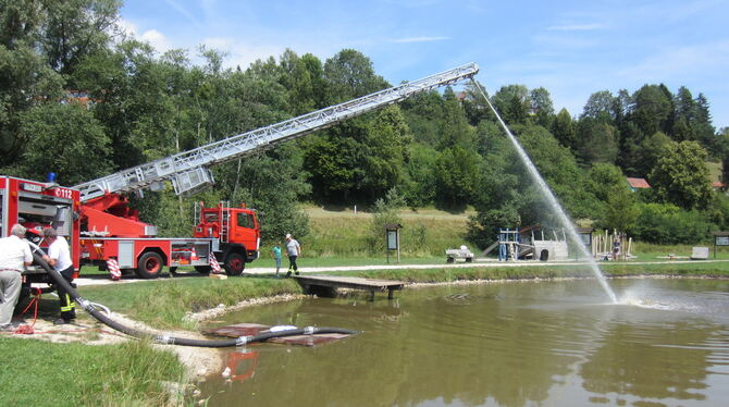 Auch dem Gomadinger See ist es viel zu heiß. Dass der Sauerstoffgehalt im Wasser stimmt, dafür sorgte jetzt die Feuerwehr. FOTO:
