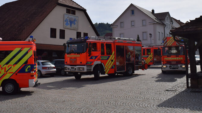 Die Feuerwehr auf dem Kelternplatz: Das Bild entstand anlässlich eines Fehlalarms. Am Samstag, 14. September, kommt die Feuerweh