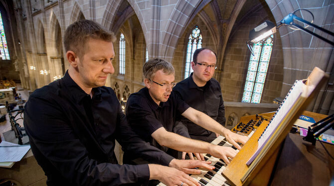 Ruben Sturm (von links), Torsten Wille und Jens Wollenschläger proben an der Rieger-Orgel der Marienkirche. FOTO: TRINKHAUS