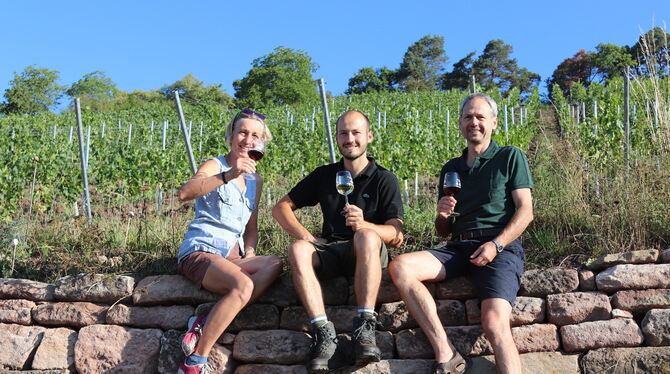 Aus Weingenießern wurden Weinproduzenten: Sabine Koch, Lukas und Stefan Haderlein (von links) auf eine ihrer Trockenmauern. FOTO