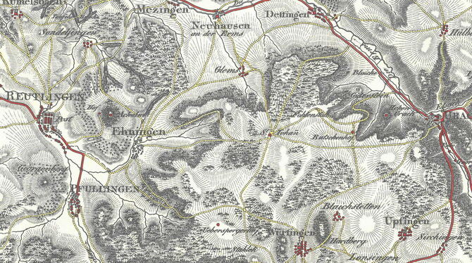 Eningen, damals noch mit »h« geschrieben, auf der Charte Schwaben. Das Kartenwerk erschien ab 1798 im Verlag von Georg Cotta in